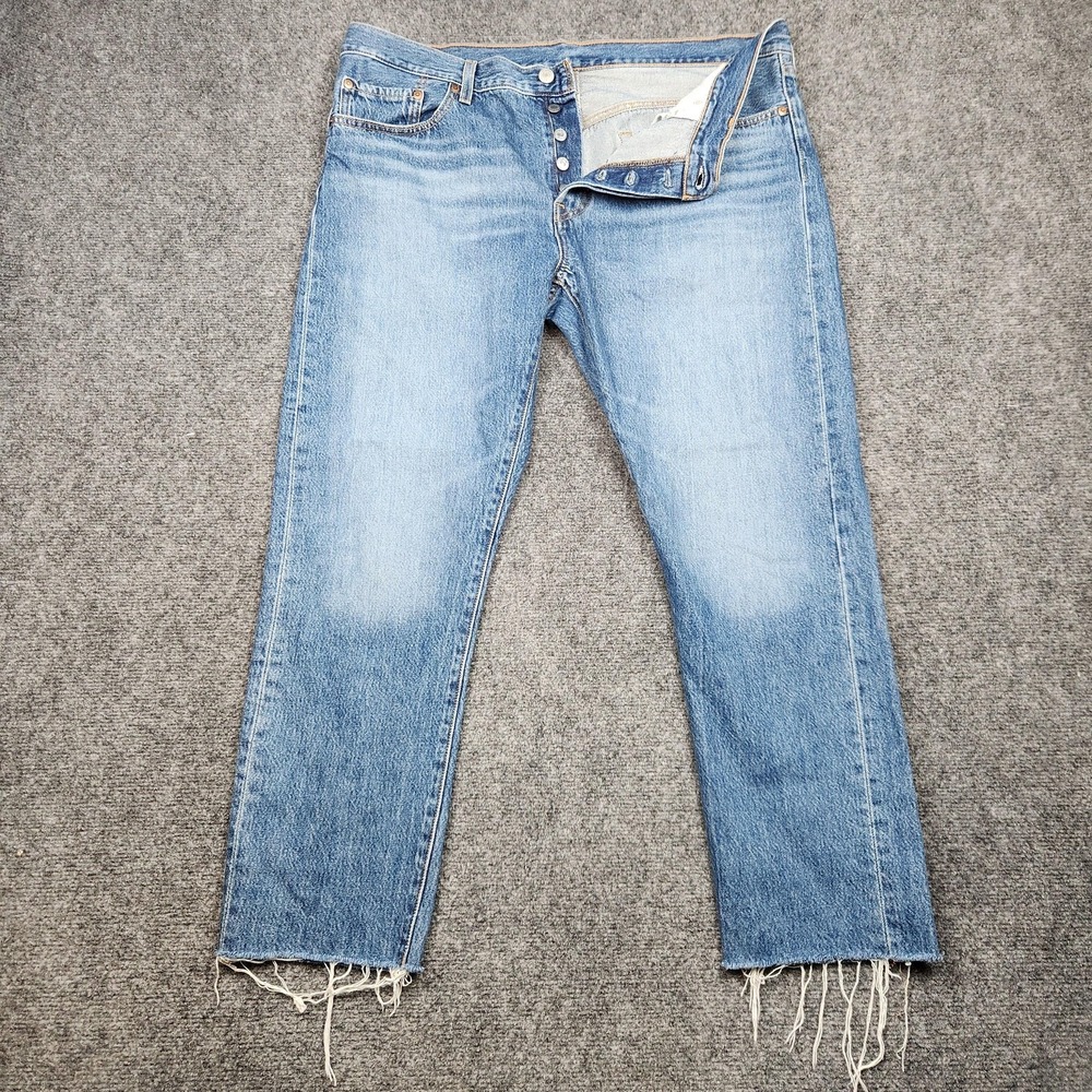 Levis 501 T Jeans Womens 34x28 Light Wash Tapered Button Fly Distressed Fringe